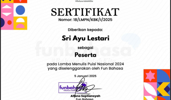 Prestasi Gemilang Sri Ayu Lestari Mahasiswa Program Studi Pengembangan Masyarakat Islam Mendapatkan Penghargaan Lomba Menulis Puisi Nasional 2025
